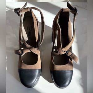 Fly London Women's Tan and Black Heels